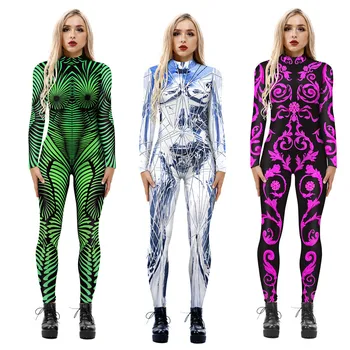 2023 Нова зелена ивица 3D отпечатан гащеризон жени секси фантазия парти рокля Хелоуин карнавал Zenti Боди костюм