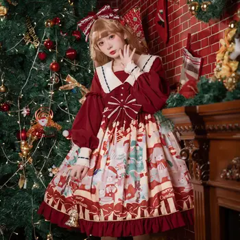 Коледа Лолита рокля карикатура Kawaii жени Нова година сладък висока талия къдри бутер дълъг ръкав червена принцеса парти рокля