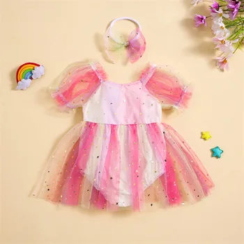 EWODOS бебе момиче 2бр есенни тоалети къс бутер ръкав контраст цвят гащеризон тюл рокля с лента за глава комплект детски дрехи