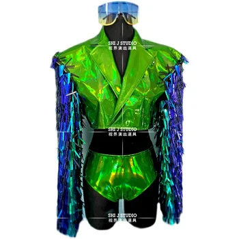 Glitter Laser Leather Sequin Green Jacket Shorts Set Jazz Dance Costume Bar Нощен клуб Жени Певица Танцьорка Изпълнение Сценично облекло