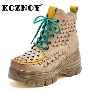 Koznoy Ново в дамски ботуши 7 см естествена кожа глезена дишаща лято куха дама мокасини цип мека мода сандали обувки