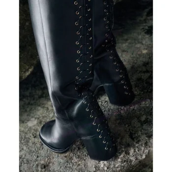 Черен кръст вързани буци токчета ботуши матирана кожа кръгли пръсти обувки за жени писта високи токчета обувки 2023 Zapatos пара Mujere