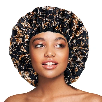 африкански печат екстра голям сатен капак за жени двоен слой обратими сън нощ капачка за къдрава коса жени главата