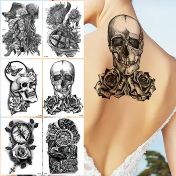 Череп роза скелет цвете временни татуировки за жени мъже реалистичен лъв компас рицар фалшив татуировка стикер обратно Tatoos страшно