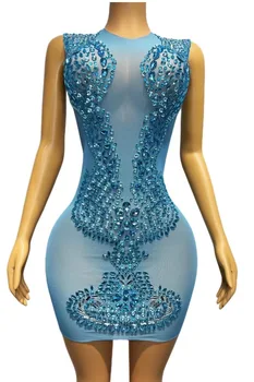 Искрящи сини кристали Прозрачна рокля без ръкави Вечерен рожден ден празнуват секси стреч костюм binghua