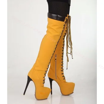 Жълта платформа кръст лента ботуши кръг Toe Stiletto страничен цип обувки жени зимни снаждане топли обувки 2023 Сапатос пара Мужере