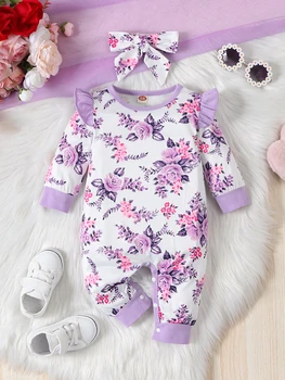 2pcs Комплект дрехи за бебета момичета - цветен печат дълъг ръкав ританки и лък лента за коса пролет &есен бебе новородено облекло
