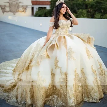 ANGELSBRIDEP шампанско злато принцеса Quinceanera рокли от рамото пайети апликация перли Пепеляшка сладък 16 рокля Vestidos