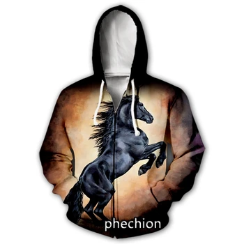 phechion Нови мъже / жени животински кон 3D печат случайни цип качулки мода палто хип-хоп облекло върховете спортни цип качулка B97