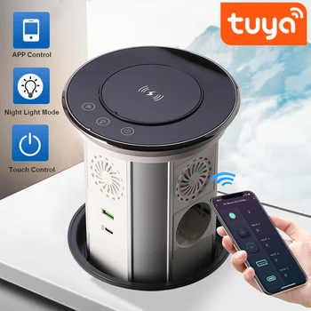 Tower Socket Electric Lifting EU/US/Brazil Type C USB Hidden Tabletop Motorized Pop Up Retractable Outlet Wireless Charging ТУЯ