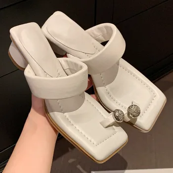 Дамска естествена кожа Джапанки сандали 4см дебел мед петата елегантен дамски летни ежедневни обувки обувки за жени безплатна доставка