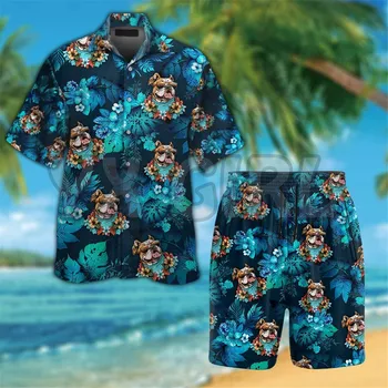 булдог, носещ слънчеви очила Смешна хавайска риза 3D отпечатана хавайска риза + плажни шорти летни върхове