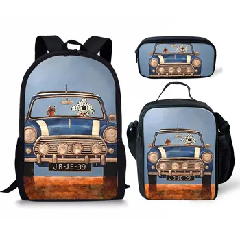 Creative Cartoon Trendy Car 3Pcs / Set Училищна чанта 3D печат Студентски кампус Daily Book Bag Лаптоп Daypack Обяд чанта молив чанта
