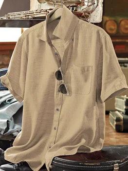 Летни мъжки къс ръкав случайни стил памук коноп материал 2023 нова мода поло плътен цвят еднореден село риза