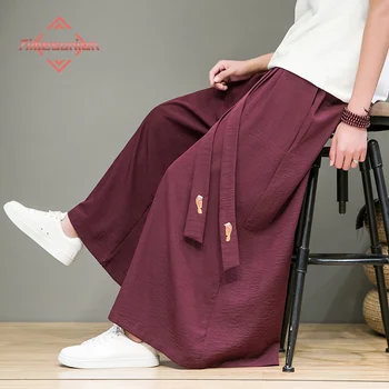 Summer Song Dynasty Man Pants Бродирани панталони с широки крака Високи подгъви кюлоти подобряват ханфу етнически стил ледена коприна Дамски панталони