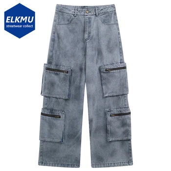 Blue Cargo Jeans Baggy Denim Pants Men Streetwear Hip Hop Loose Straight Jeans Trousers Multi Pocket Tactical Jeans