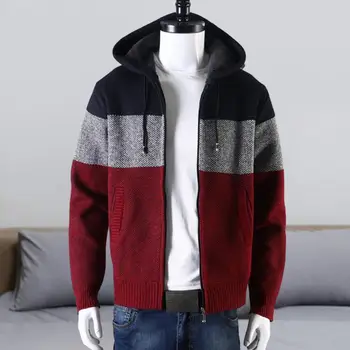 Мъжки зимен пуловер яке цвят блок трикотажни качулка шнур дебел дълъг ръкав топло цип жилетка яке за мъже