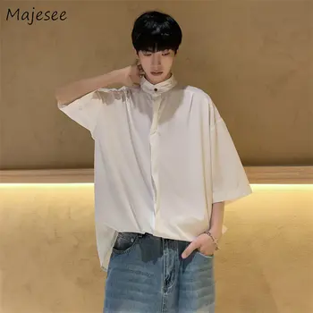 Pure Shirts Men Summer Minimalist Korean Fashion Clothing Baggy Cool Streetwear Stand Collar Handsome Camisas Vintage Popular