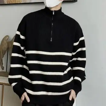 черно бял пуловер мъжки раирани цип стойка яка пуловер дебели трикотажни топло пуловер за есента зимата меки еластични дълго