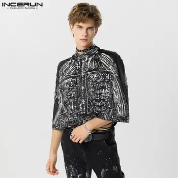 INCERUN Мъжки наметало печат ризи стойка яка хлабав бутон пончо мъжки ризи 2023 Улично облекло Мода Ежедневни Crop върхове S-5XL