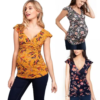 Нова блуза бременност ризи майчинство дрехи жени бременни Nusring майчинство v-образно деколте къс ръкав печатни ивица блуза върховете