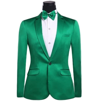 Прищявка Последни палто Pant дизайн зелен сатен мъже костюм тънък годни 2 парче младоженец смокинг сватбени костюми по поръчка абитуриентски блейзър Terno Masculino
