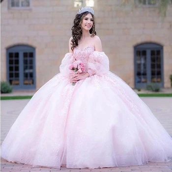Розова бална рокля Quinceanera рокли Апликации Мъниста дълъг ръкав Vestido De 15 Anos Sweet 16 Princess Birthday Dress