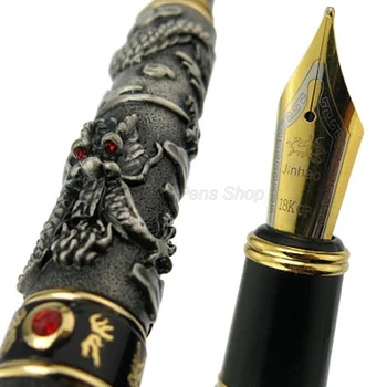 Jinhao Древно злато и сиво фонтан писалка Двоен дракон играе перла метална дърворезба щамповане тежка писалка злато писане подарък писалка