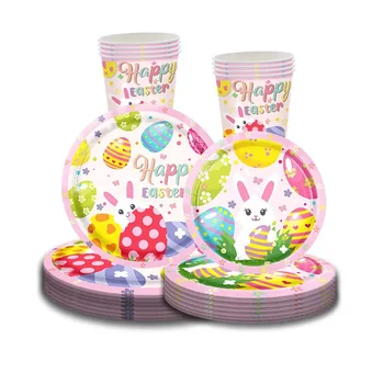 8бр Великден цветно яйце за еднократна употреба прибори за хранене карикатура заек сладък хартиена чиния салфетка Честит Великден парти декор за деца момче момиче
