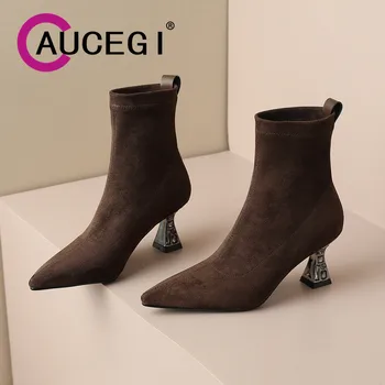Aucegi Нови жени тънък удобен кристал специална форма висок ток глезена ботуши луксозна мода посочи пръсти парти рокля обувки