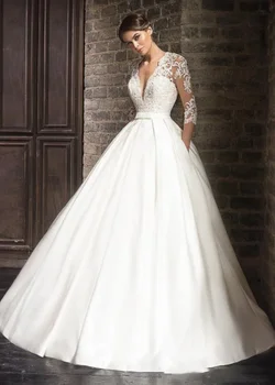 Половин ръкави V-образно деколте булката рокля Sweep Train Джобове Персонализиране на халат De Mariee Елегантни дантелени сватбени рокли vestido de novia 2024