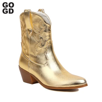 GOGD мода дамски каубойски каубойки глезена ботуши 2023 метални обувки западна бродерия Челси ботуши блок токчета заострени пръсти