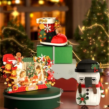 Весела Коледа градивни блокове Санта Гарланд сняг ботуши снежен човек дърво фото рамка сглобени мини тухли играчка за дете подаръци