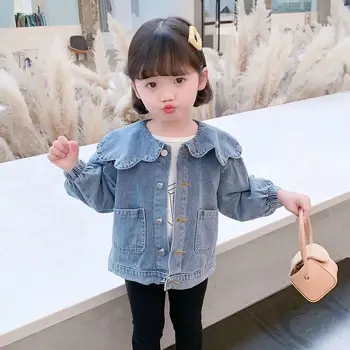 Бебешко момичешко дънково яке 2023 Пролет Есен Питър Пан яка Еднореден корейски детски дрехи мода 4-10 години
