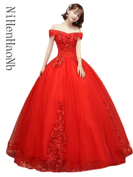 лято Нови червени рокли Quinceanera Елегантна рокля за парти на рамото Сладка цветна бална рокля Класическа абитуриентска рокля