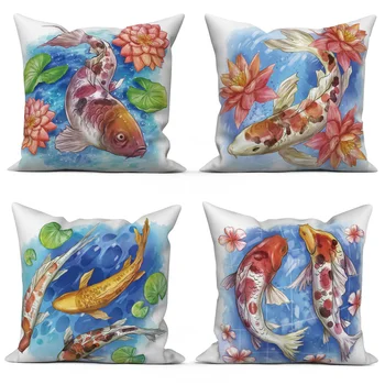 Квадратна ленена кадифена калъфка Lucky Fish Lotus Flower Printed Polyester Home Decor Cushion Cover Китайска живопис Калъфки за възглавници