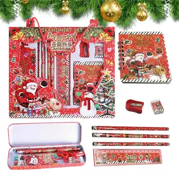 Коледен подарък канцеларски комплект сладък стационарен комплект за деца Коледа тема молив случай молив тетрадка владетел гума молив