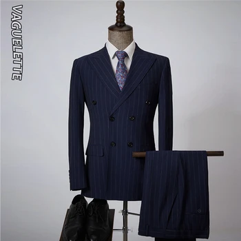 VAGUELETTE Мъжки 2Pcs Blazer костюм Раиран сватбен костюм Slim Fit Двуреден мъжки официални костюми за бизнес облекло (яке + панталони)