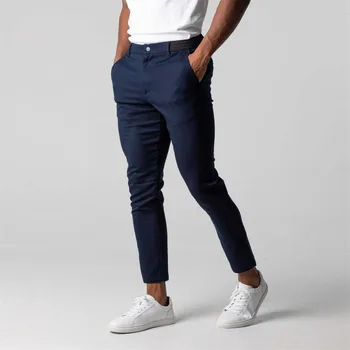 Плътен цвят мода мъжки панталони Англия стил теле панталони високо еластични бизнес гъвкави тънък панталони мъжки случайни официални панталони