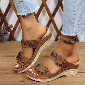 Дамски сандали плюс размер дамски обувки ретро римски сандали жени Pu случайни цвете клин сандали платформа чехли