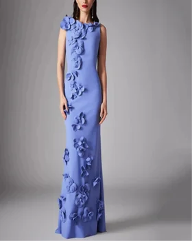 Елегантно синьо кръгло деколте прав сатен 3D цветя секси тънък годни гръб цвят луксозно дамско парти обичай вечерна рокля парти