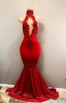 Червени южноафрикански абитуриентски рокли русалка оглавник пайети апликации черни момичета Нигерия роба де соаре вечерни рокли