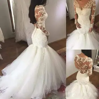 Дамска луксозна сватбена рокля с V-образно деколте бяла дантела с дълги ръкави Illusion Vestido de Noiva 2023 Секси хип престилка Slim-Line